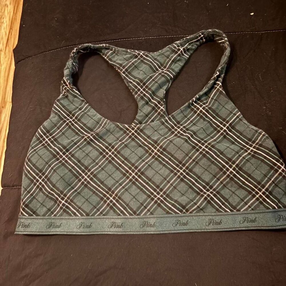PINK dark green plaid sports bra XL
